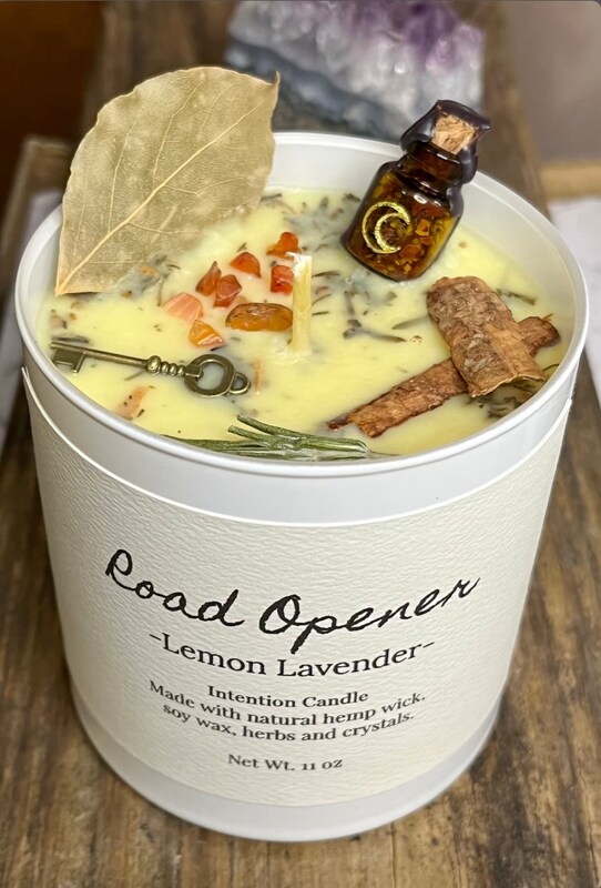 Road Opener Intention Candle, Lemon Lavender Scented, Handmade in small batches, Crystal Candle